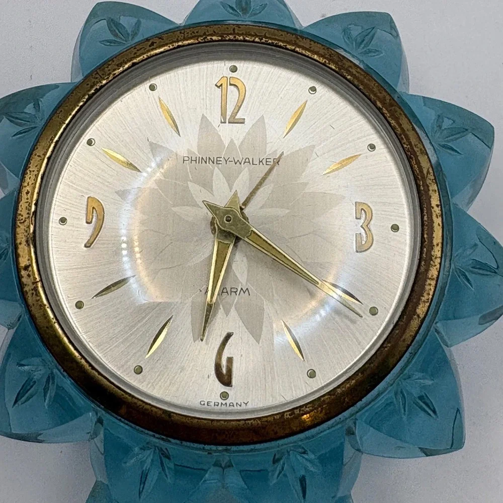 Vtg Phinney Walker Blue Lucite Alarm Clock MCM Flower Star Germany Parts Only